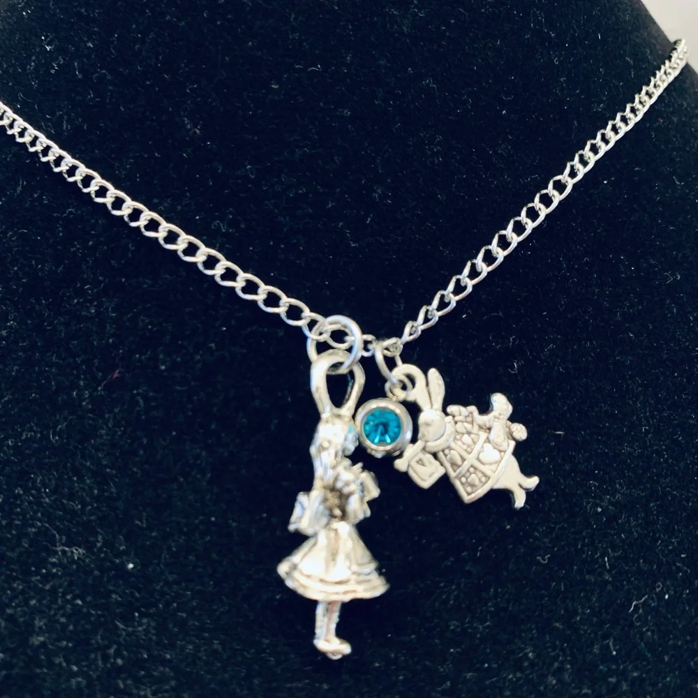 Alice in Wonderland necklace with rhinestone charm